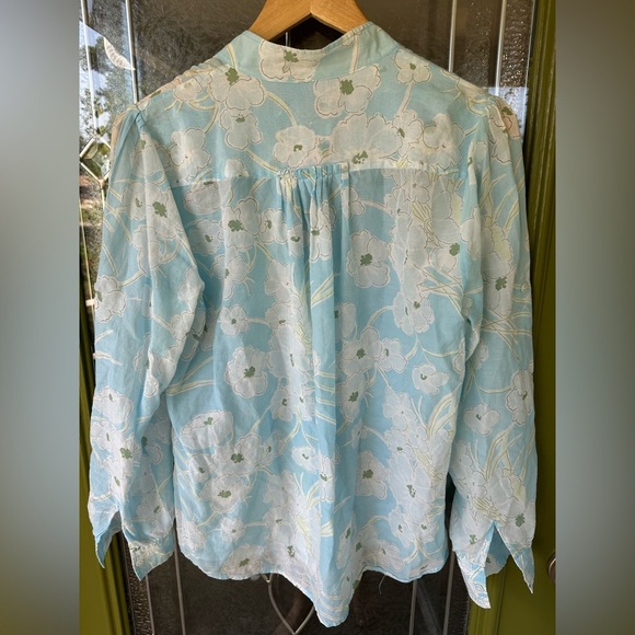 Gap Med Button Front Blouse Blue White Floral Print Silk Cotton Long Sleeve - Picture 5 of 8